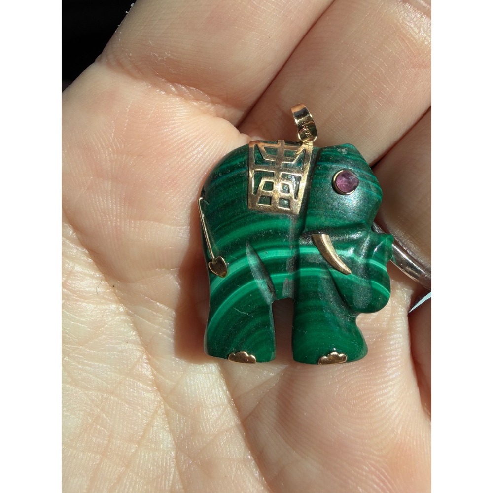 Vintage 14K Gold & Malachite Carved Elephant Pendant with Ruby Eye